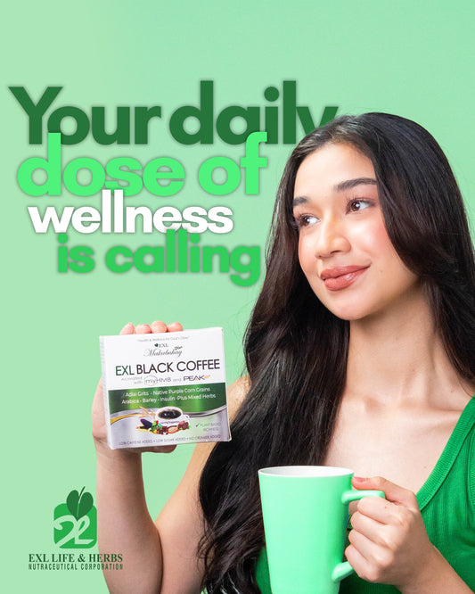 Woman holding EXL Black Coffee package with green mug against a light green background